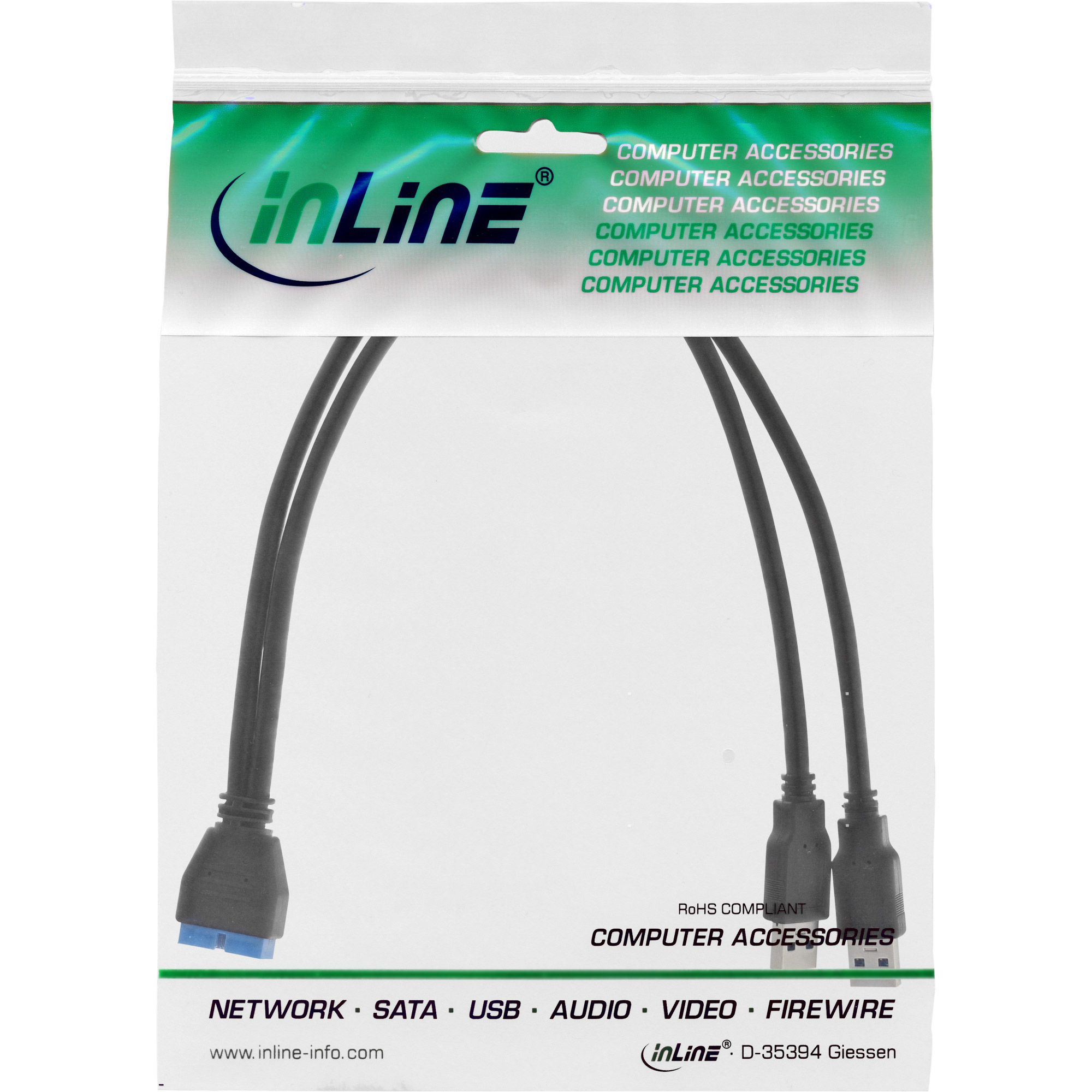Plastiktüte mit Computerkabeln darin. Die Tüte hat ein "inLine"-Logo und Produktinformationen.