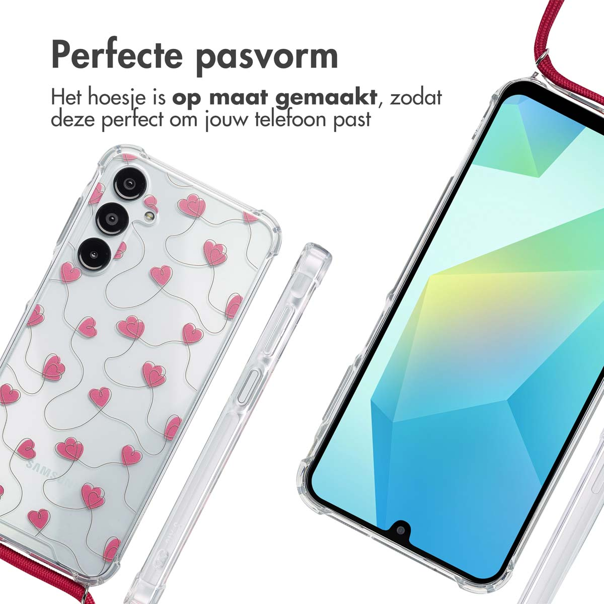 Een telefoonhoesje met een hartenpatroon. De telefoon is zichtbaar. De tekst is 'Perfect Fit' in het Nederlands.