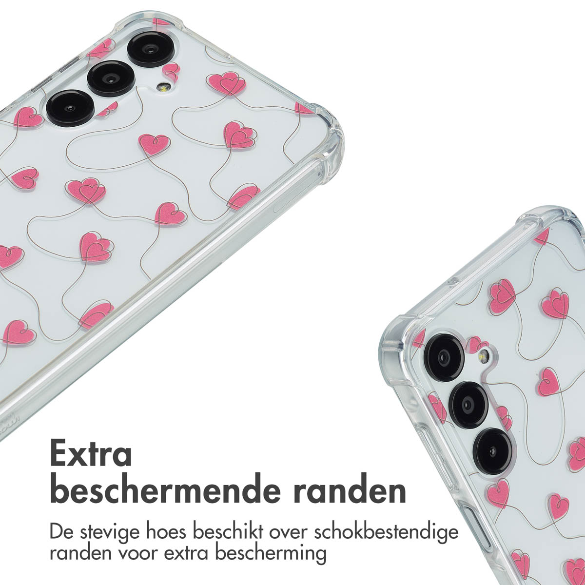 Telefoonhoesje met roze hartpatroon. Tekst zegt 'Extra beschermende randen'. Twee telefoons worden getoond.