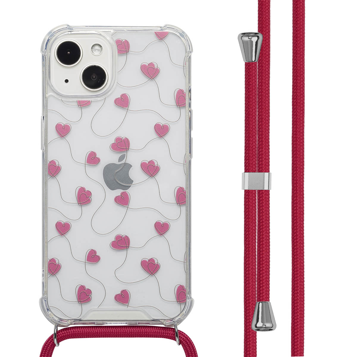 Telefoon met hartjespatroon, Apple-logo. Rode lanyard. Transparante case met rood hartjespatroon.