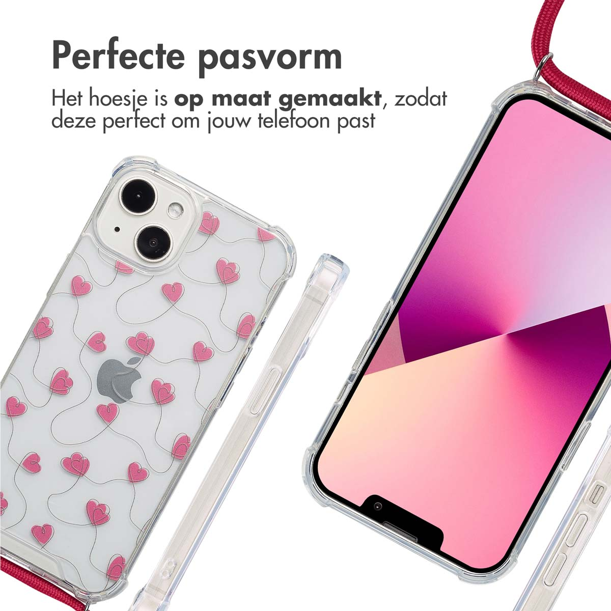 Transparante telefoonhoes met roze hartjes. Een andere telefoon toont het scherm. Tekst: Perfecte pasvorm.