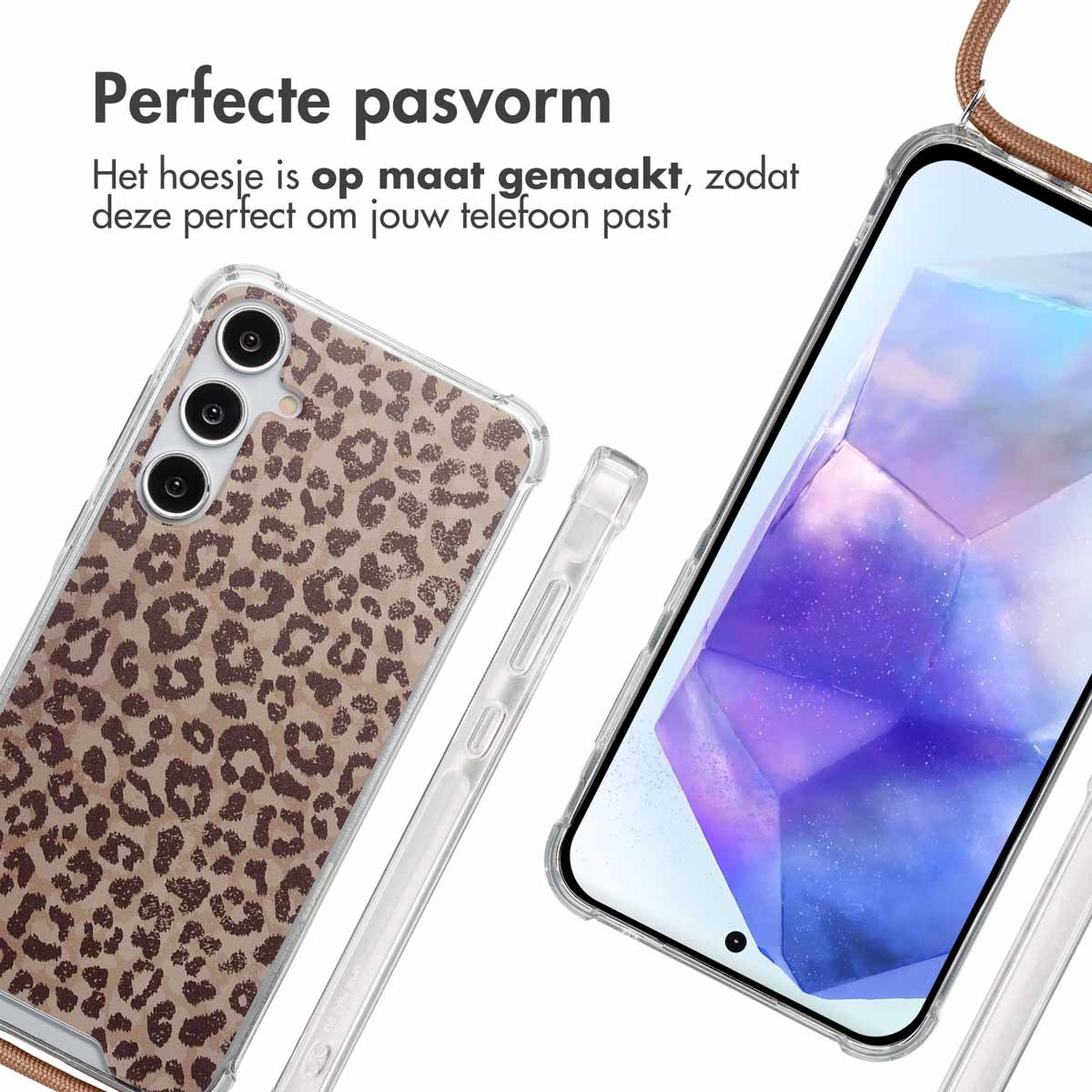 Coque de téléphone avec imprimé léopard. Un téléphone avec écran. Texte : Ajustement parfait.