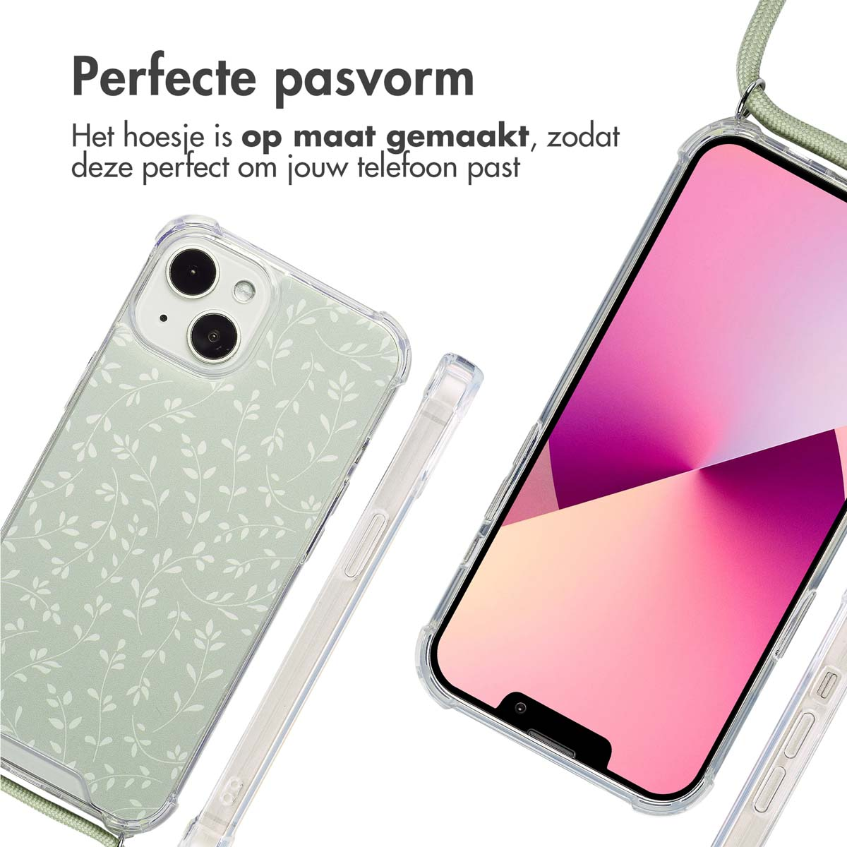 Téléphone avec motif de feuilles vertes. Un cordon vert attaché. Étui transparent avec des feuilles vertes.