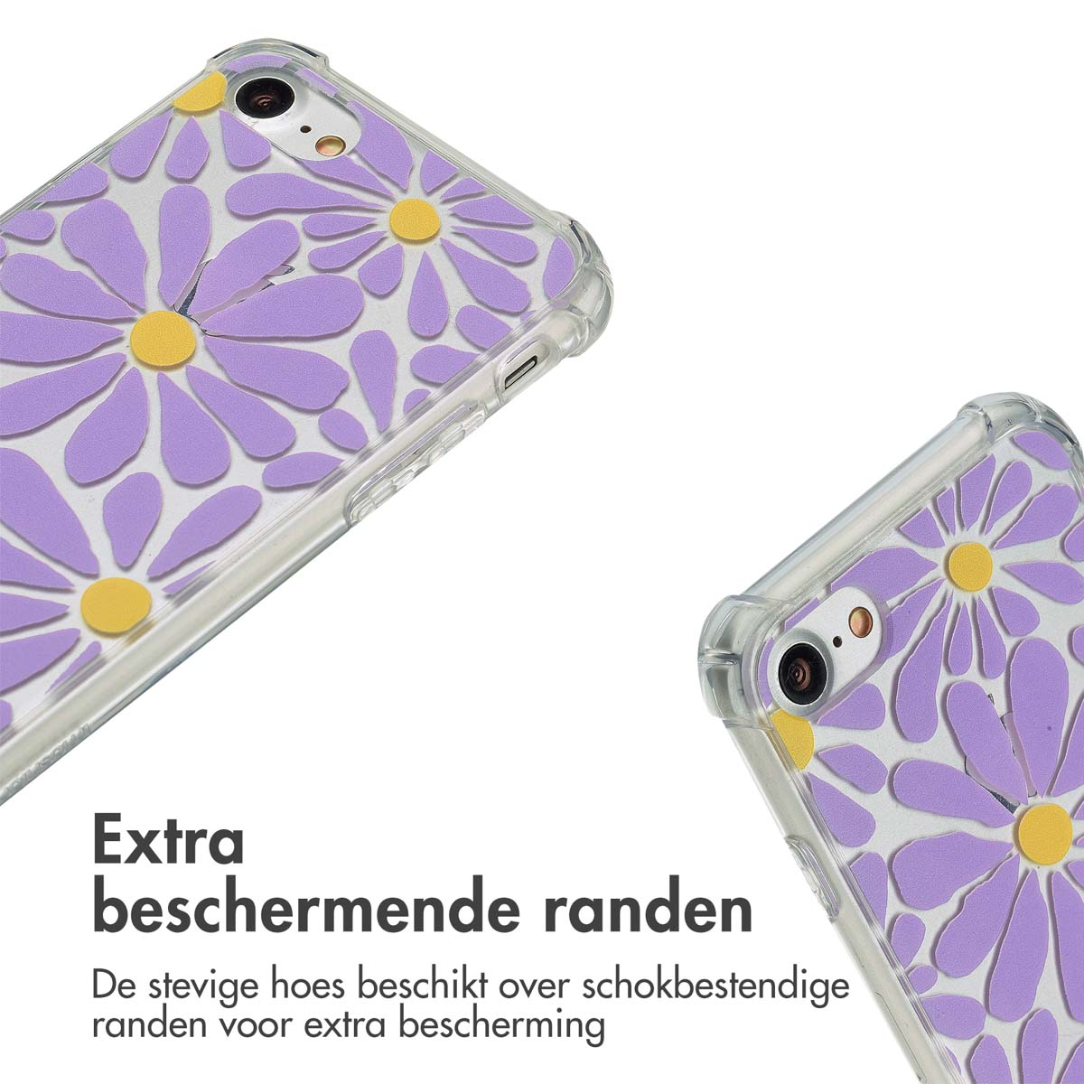Telefoonhoesje met madeliefjespatroon. Paarse madeliefjes met gele kernen. Transparante beschermranden.