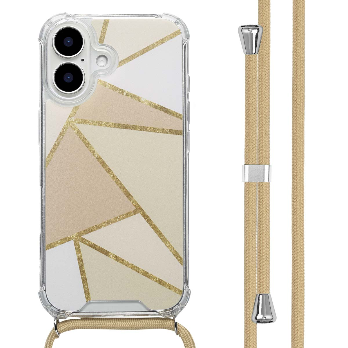 Telefoon met geometrische hoes, bruine kabel. Transparante hoes. Witte achtergrond. Kabel heeft metalen uiteinden.