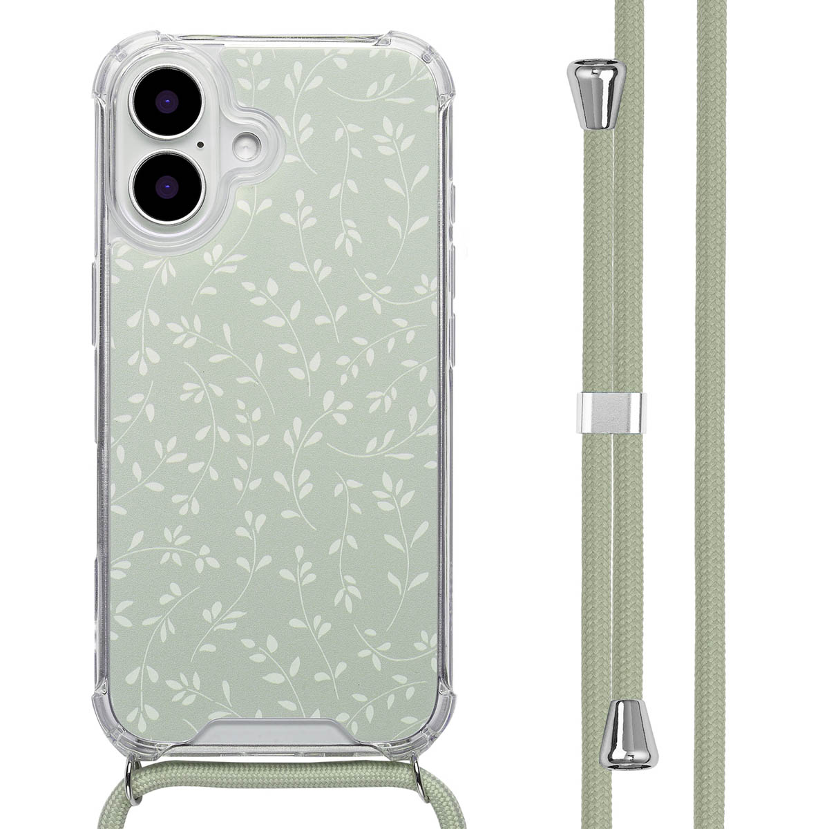 Telefoon met bloemenhoesje, groene kabel. Transparante hoes. Witte achtergrond. Kabel heeft metalen uiteinden.