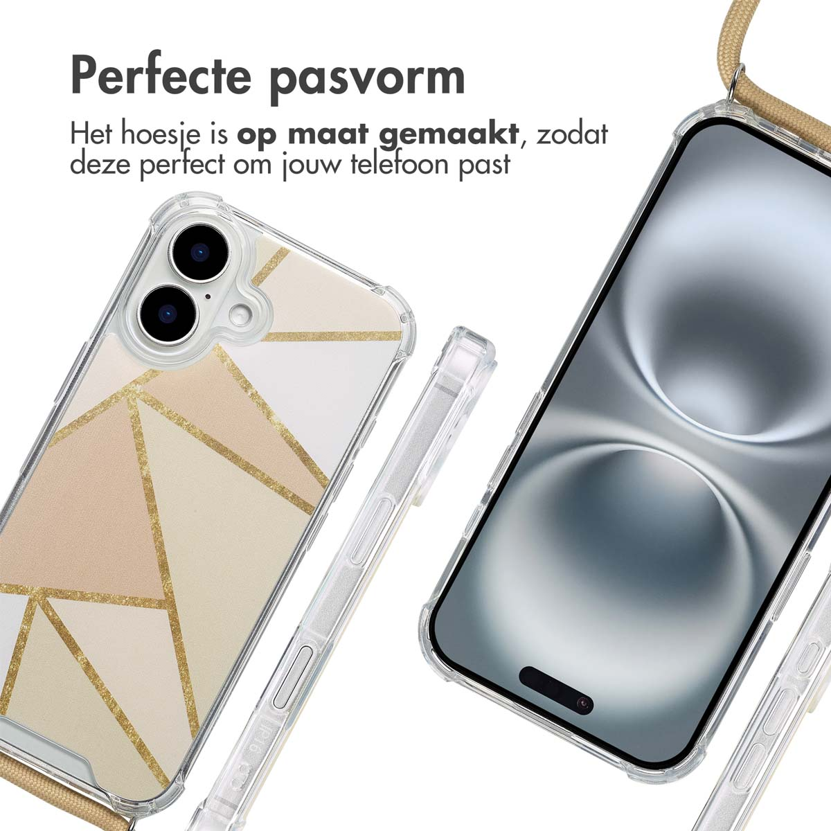Telefoons met geometrische hoesjes, bruine kabel. Transparante hoesjes. Tekst: Perfecte pasvorm. Witte achtergrond.