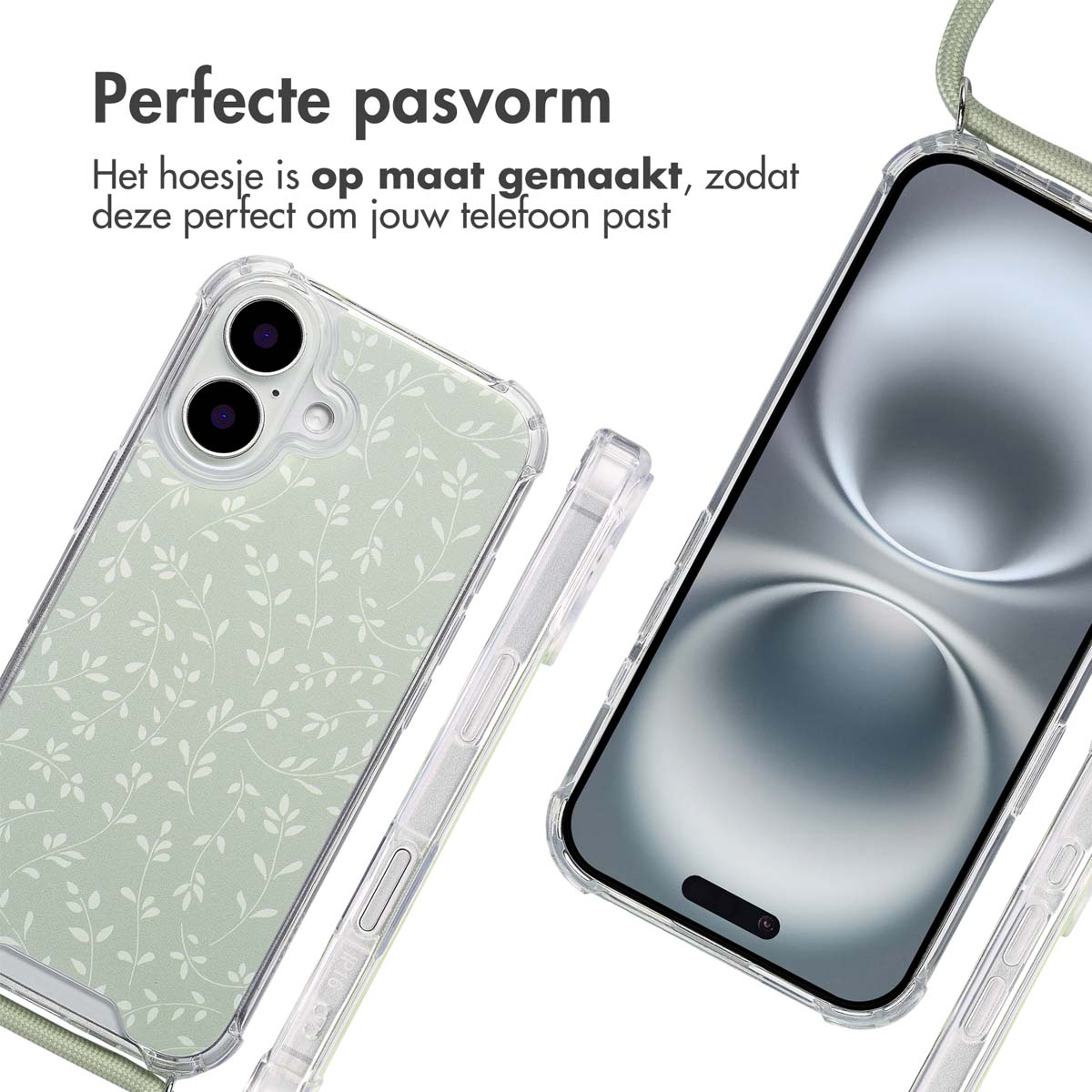 Telefoonhoesje met bladerenontwerp. Telefoon rechts. Een lichtgroen koord is bevestigd.