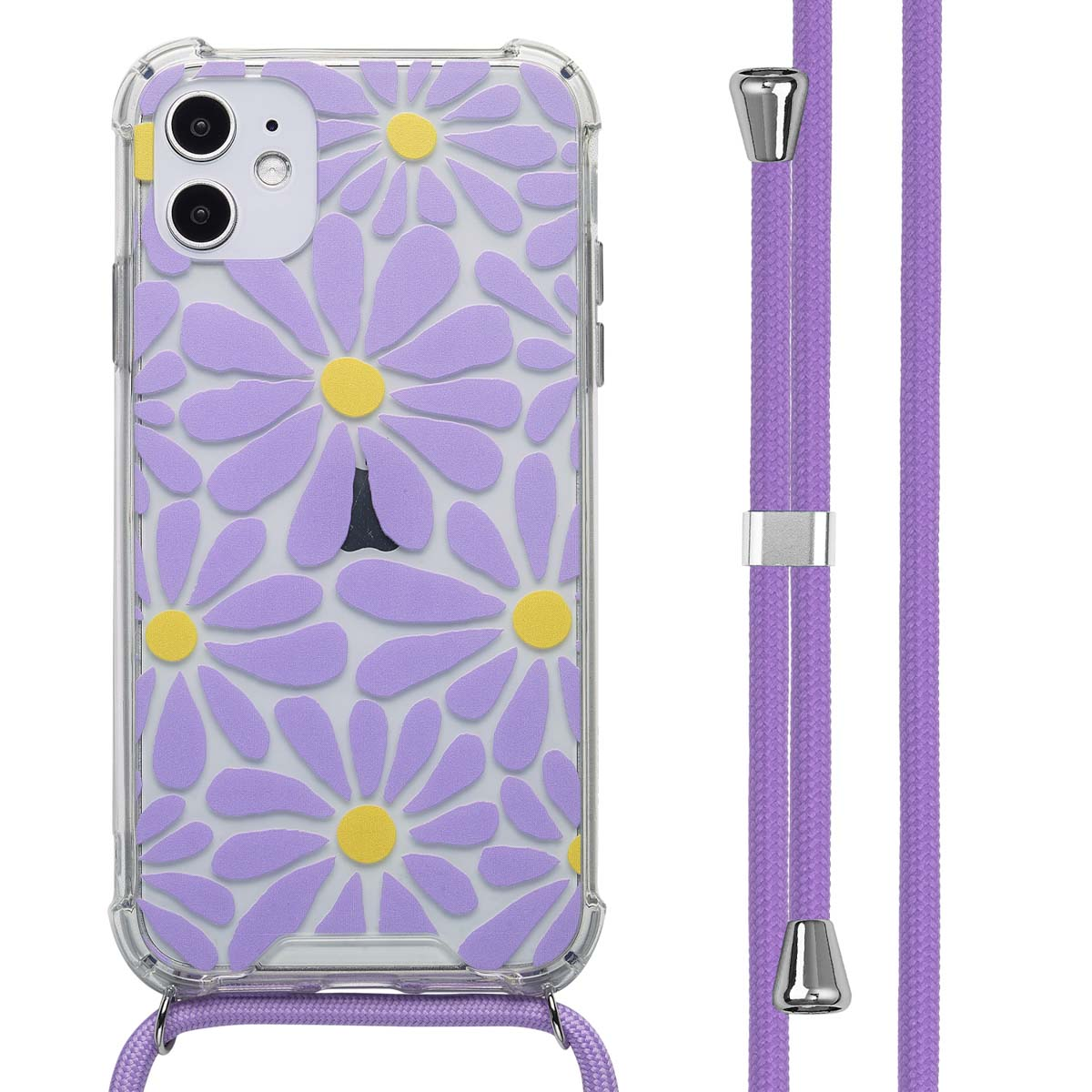 Telefoonhoesje met paars madeliefpatroon, een transparante hoes en een bijpassend paars koord.