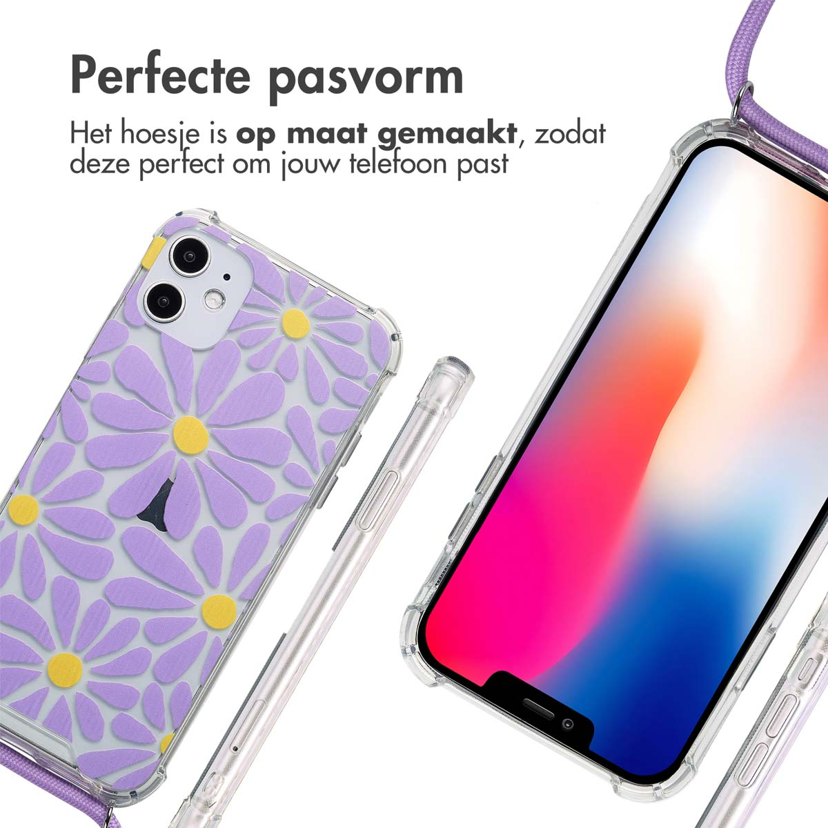 Twee telefoonhoesjes: een met een paars madeliefpatroon en een met een scherm, met doorzichtige randen.