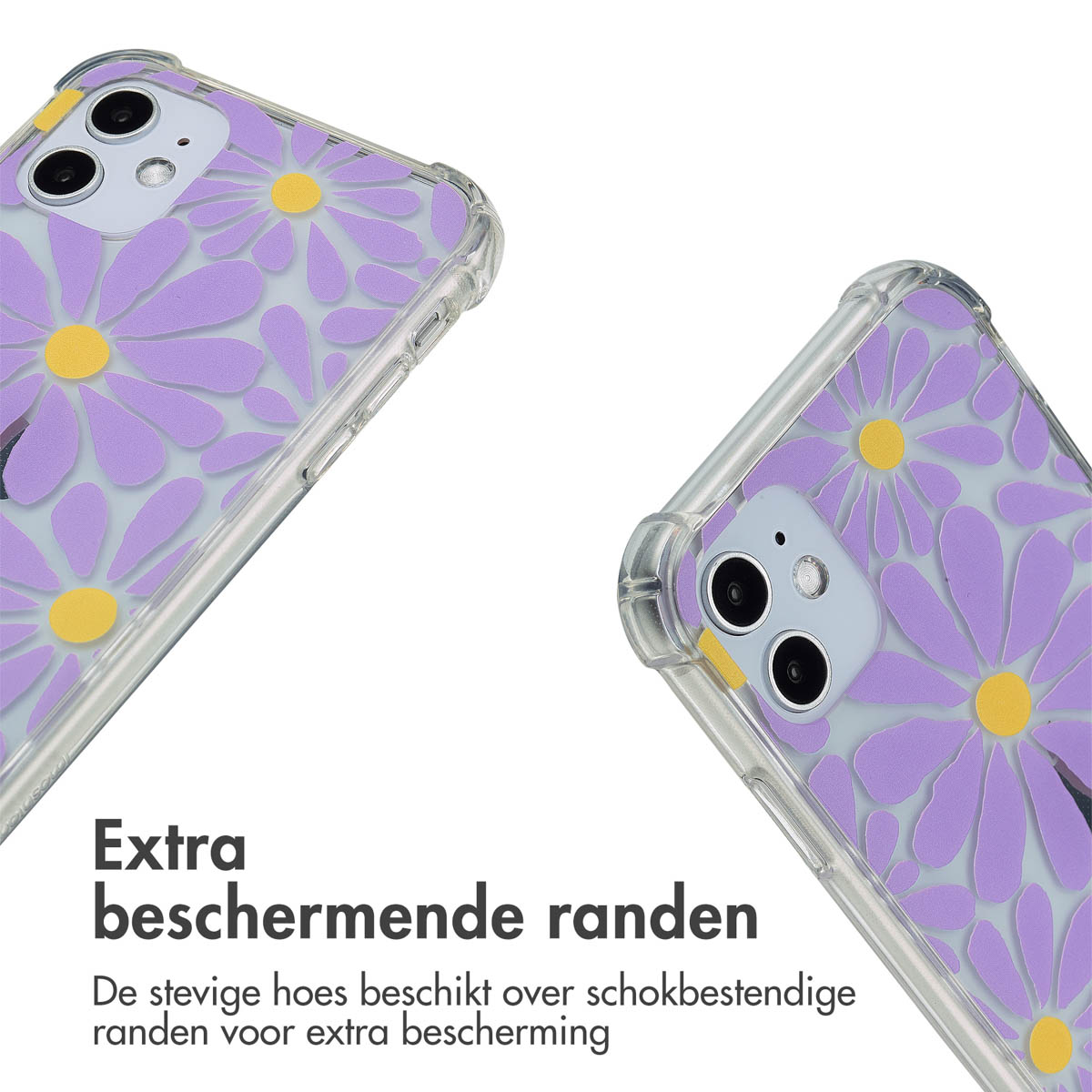 Close-up van twee telefoonhoesjes met paars madeliefpatroon, transparante randen. Tekst: Extra beschermende randen.