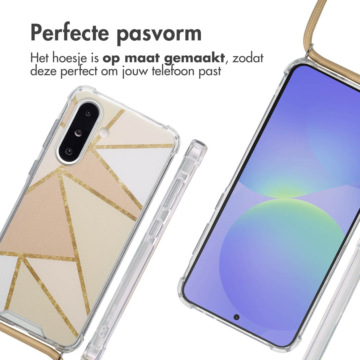 Twee telefoons met gouden geometrische hoesjes. Eén met telefoonscherm. Tekst: Perfecte pasvorm.