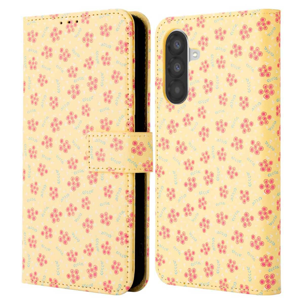 Open telefoonhoesje met geel bloemenpatroon. Telefoon zichtbaar. Sluiting gesloten.