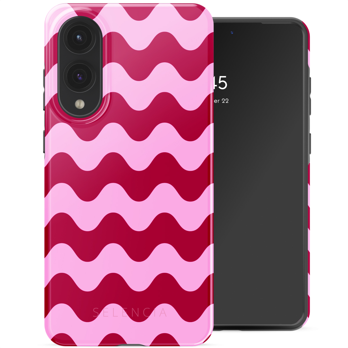 Telefono con custodia a motivo onde rosa e display spento.