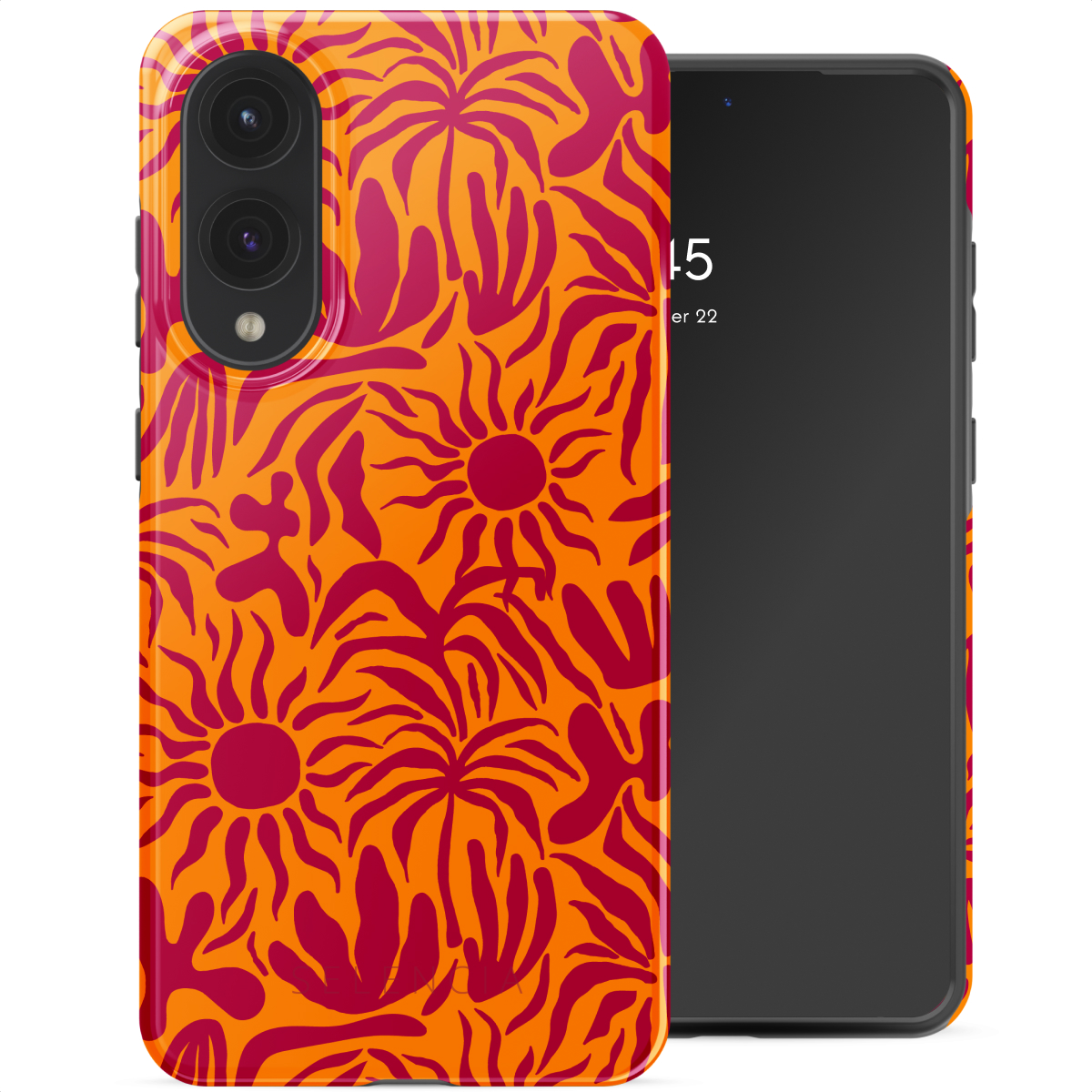 Téléphone avec motif abstrait orange et rouge, écran éteint. Coque de téléphone noire.