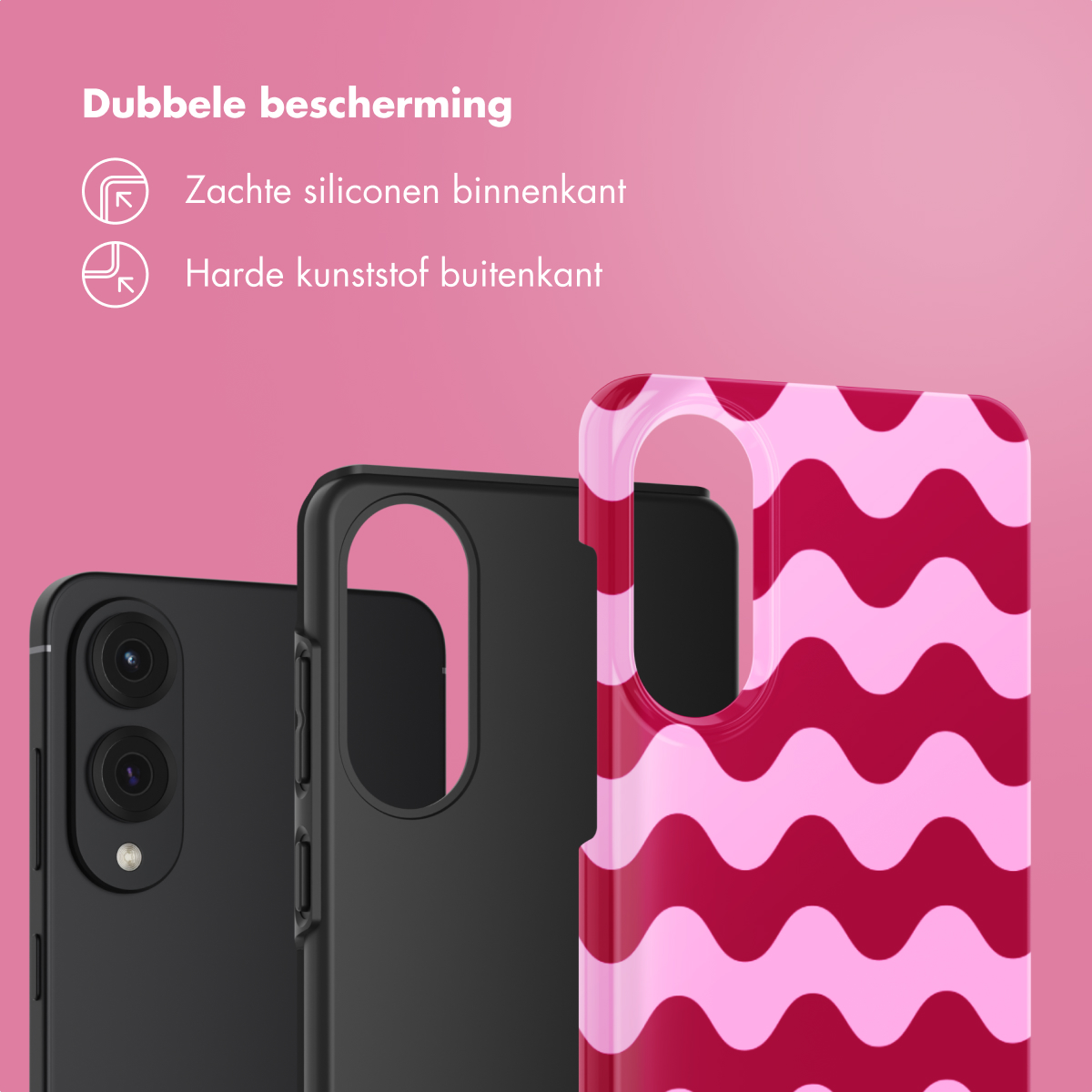 Custodie per telefono, nere e rosa. Testo sulla doppia protezione: silicone morbido all'interno, plastica dura all'esterno.