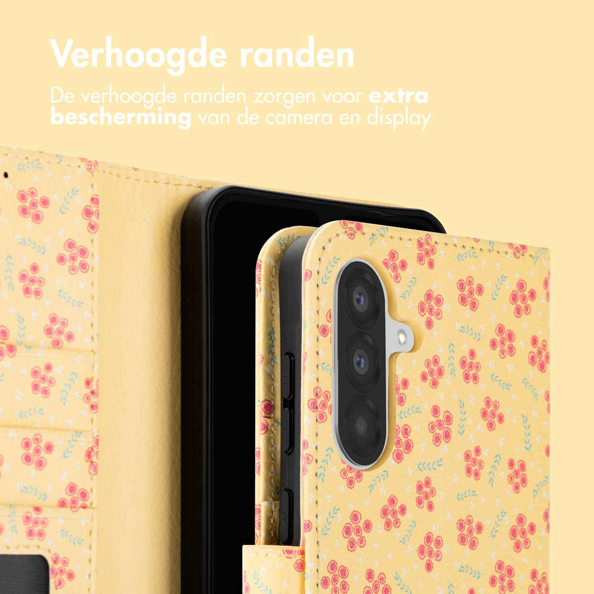 Gele telefoonhoes met bloemenpatroon, telefoon erin. Tekst over verhoogde randen voor camera- en schermbescherming.