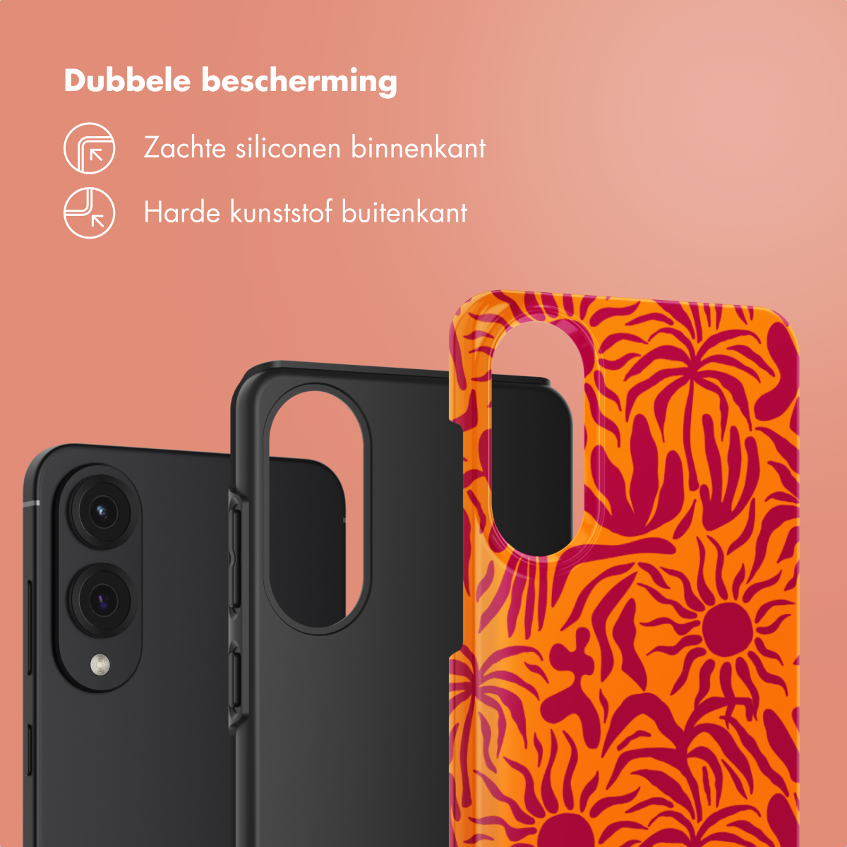 Gros plan sur le téléphone, deux étuis, montrant une double protection. Étui orange et rouge.
