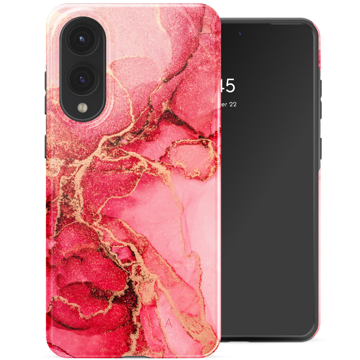 Telefono con custodia in marmo rosso. L'altro telefono è nero. Sfondo bianco.