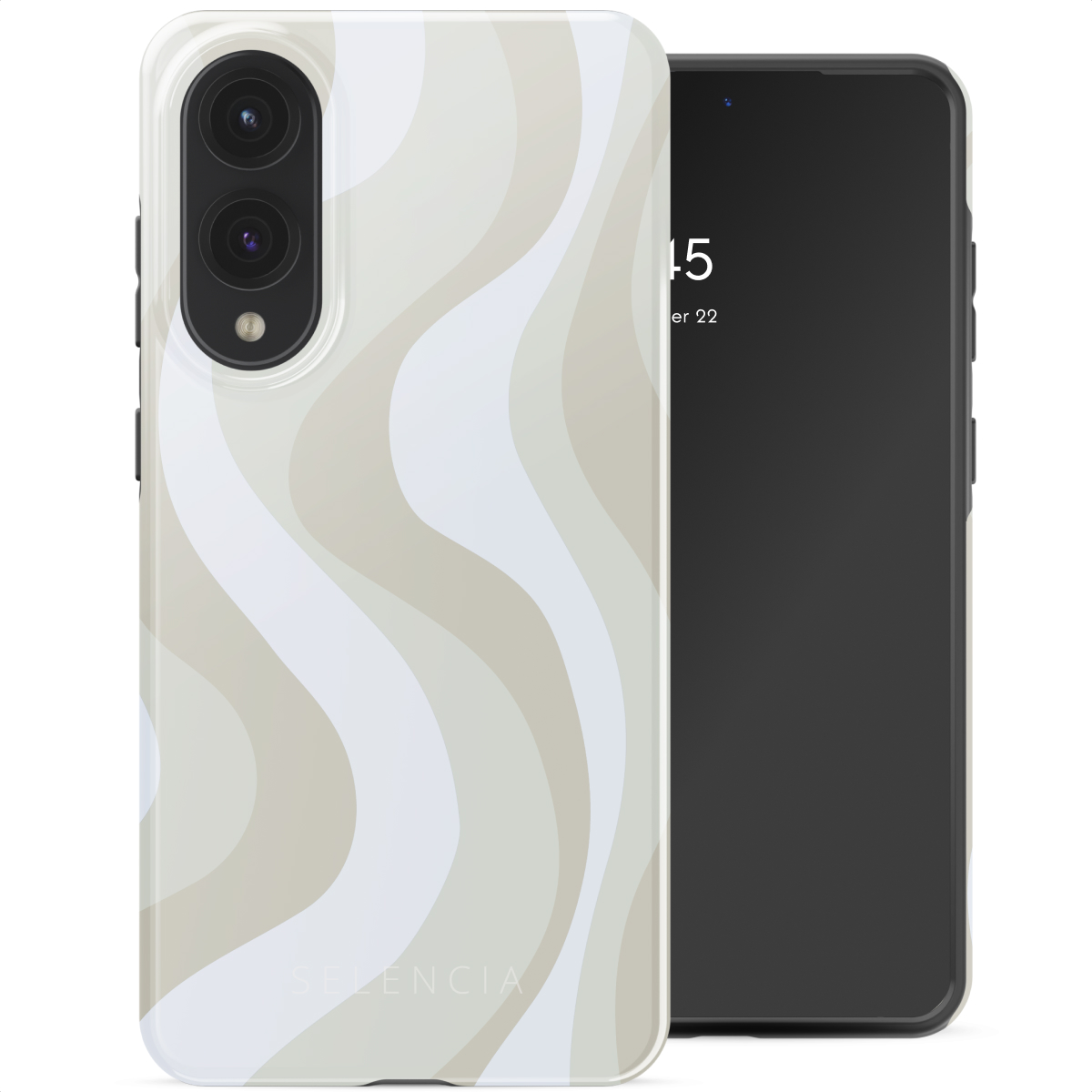 Telefoon met golvende beige en witte hoes. Andere telefoon is zwart. Witte achtergrond.
