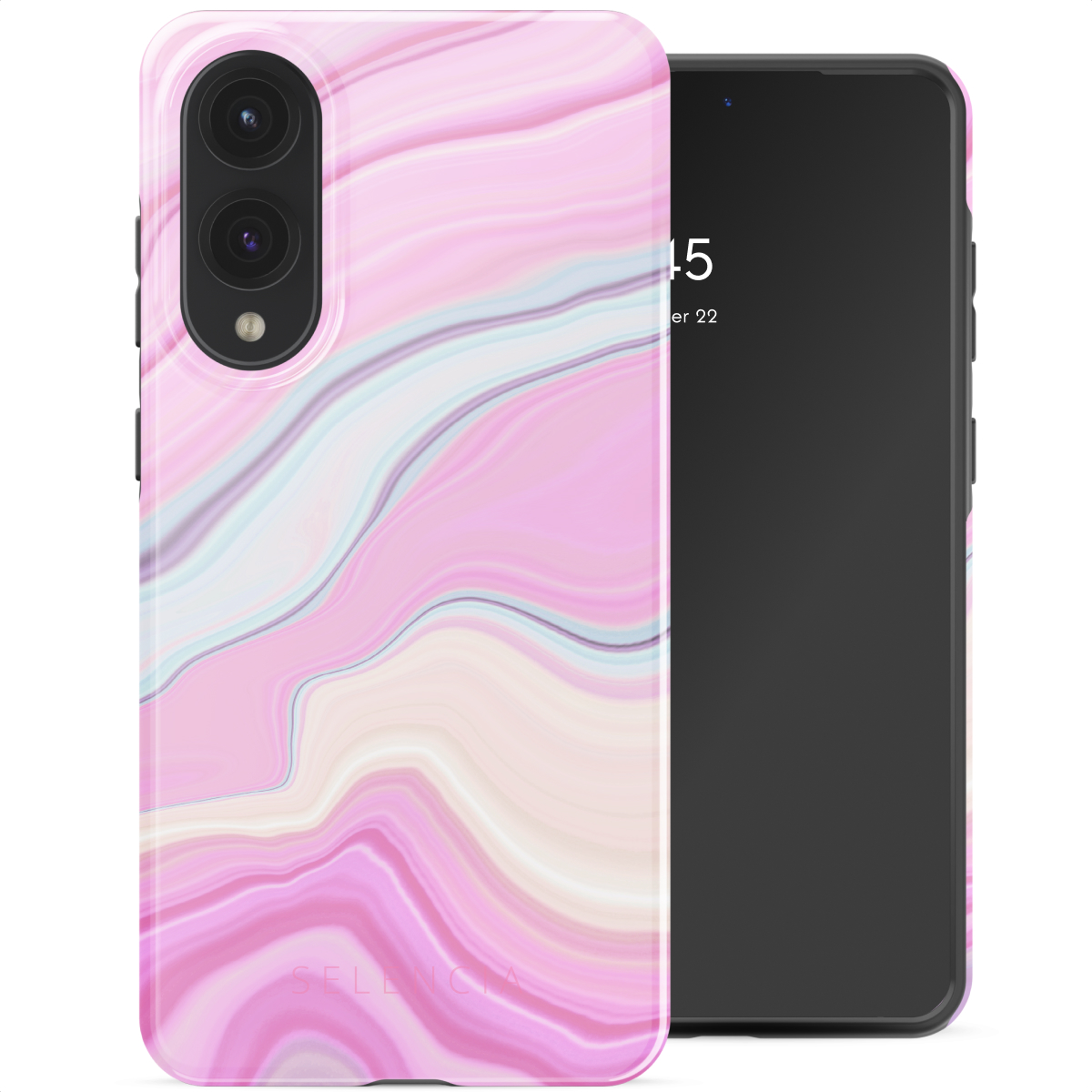 Telefoon met roze marmeren hoesje. Andere telefoon is zwart. Witte achtergrond.