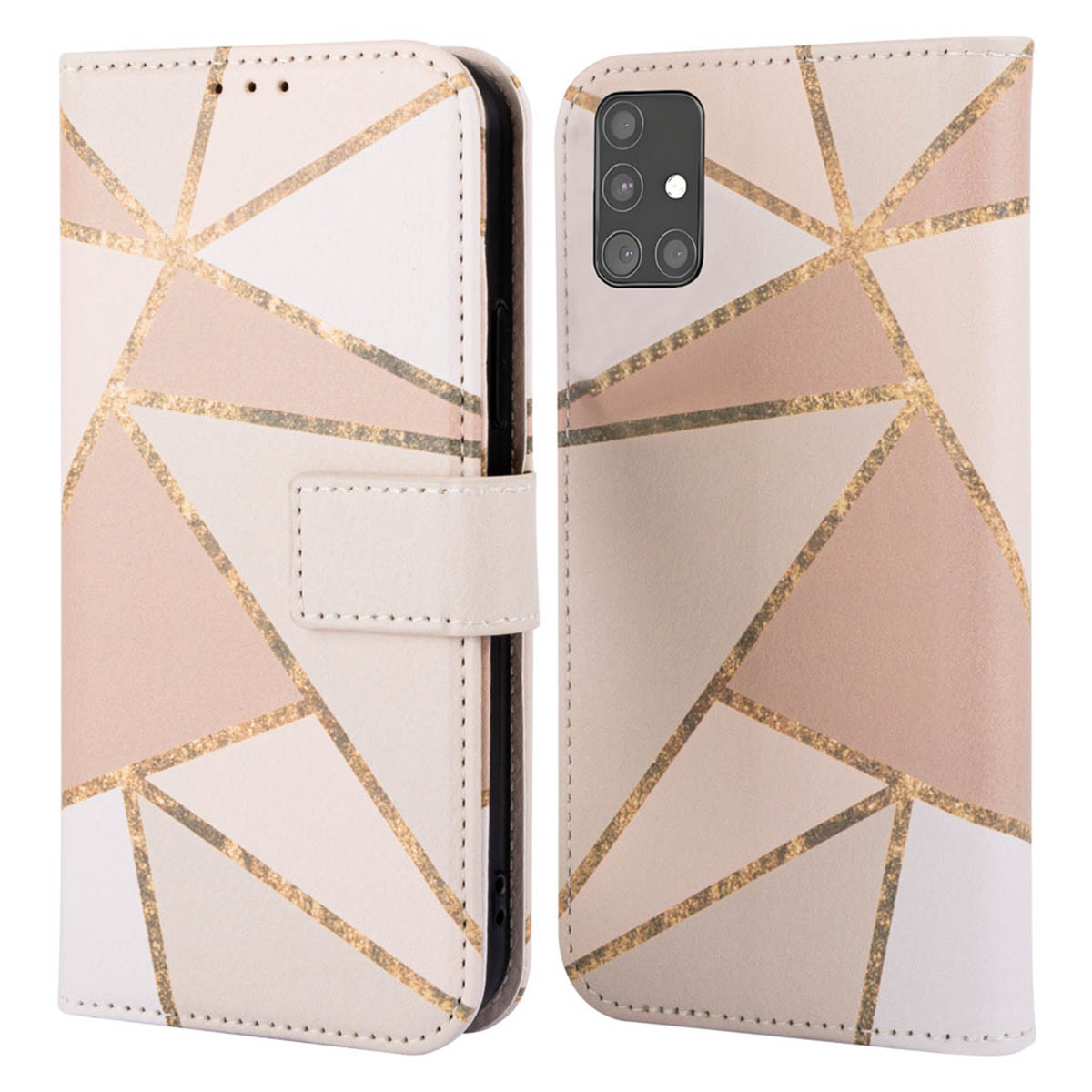 Telefoonhoes met geometrisch patroon, open om een telefoon te laten zien. Tekst: Dubbele bescherming.