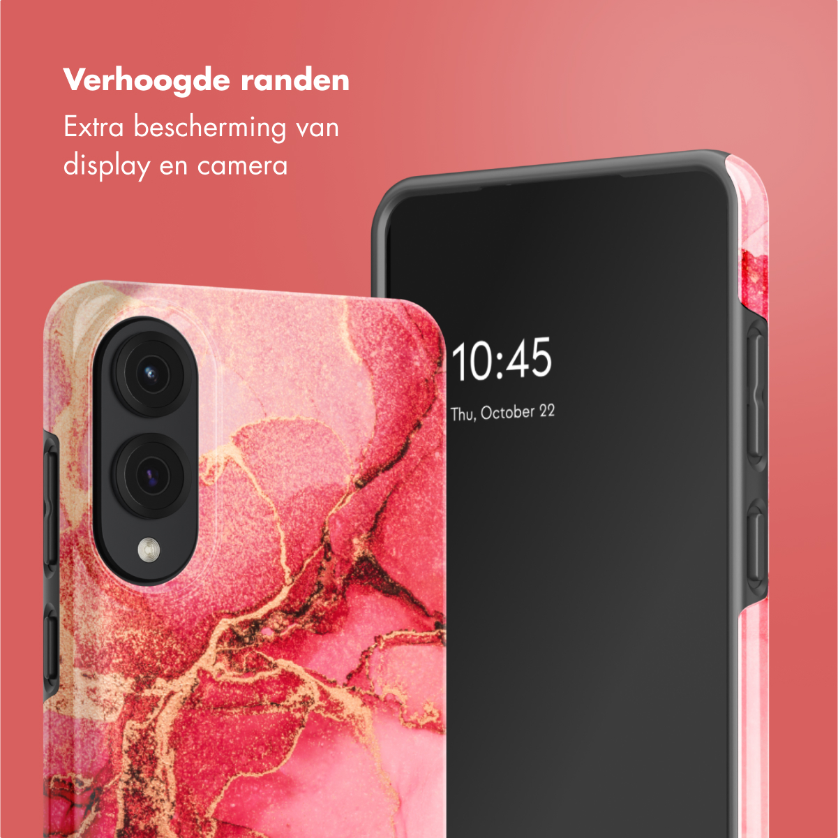 Telefono con custodia in marmo rosso. Testo sui bordi rialzati per la protezione del display e della fotocamera.