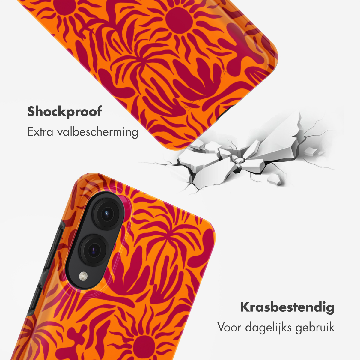 Coque de téléphone à motifs floraux orange, fond fissuré. Texte : Antichoc, Krasbestendig.