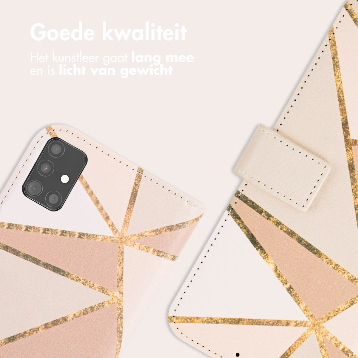 Telefoonhoes met geometrisch patroon open. Tekst: Goede kwaliteit. Het kunstleer gaat lang mee...