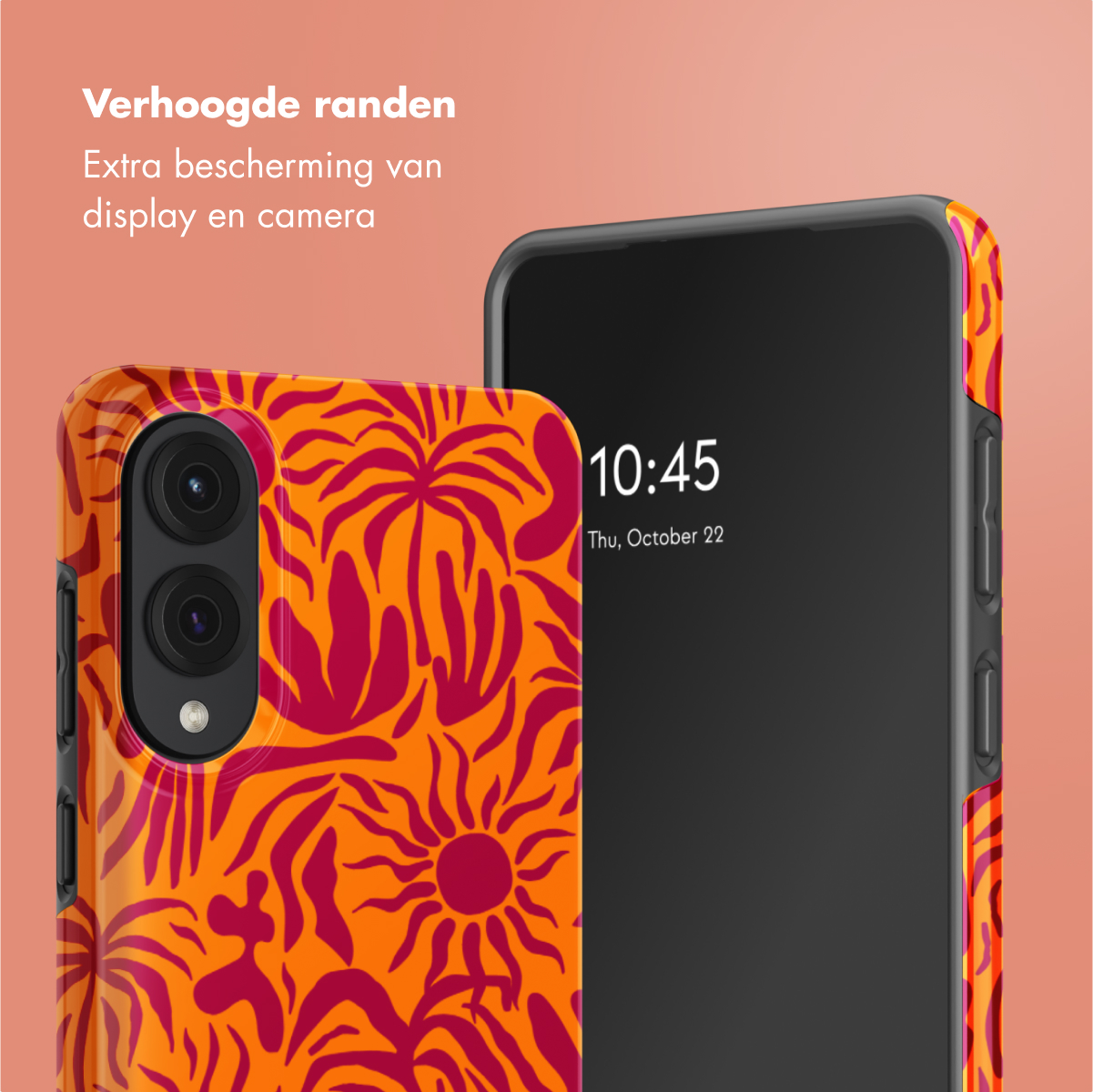 Téléphone avec étui floral orange. Texte : Bords surélevés. Protection supplémentaire pour l'appareil photo et l'écran.