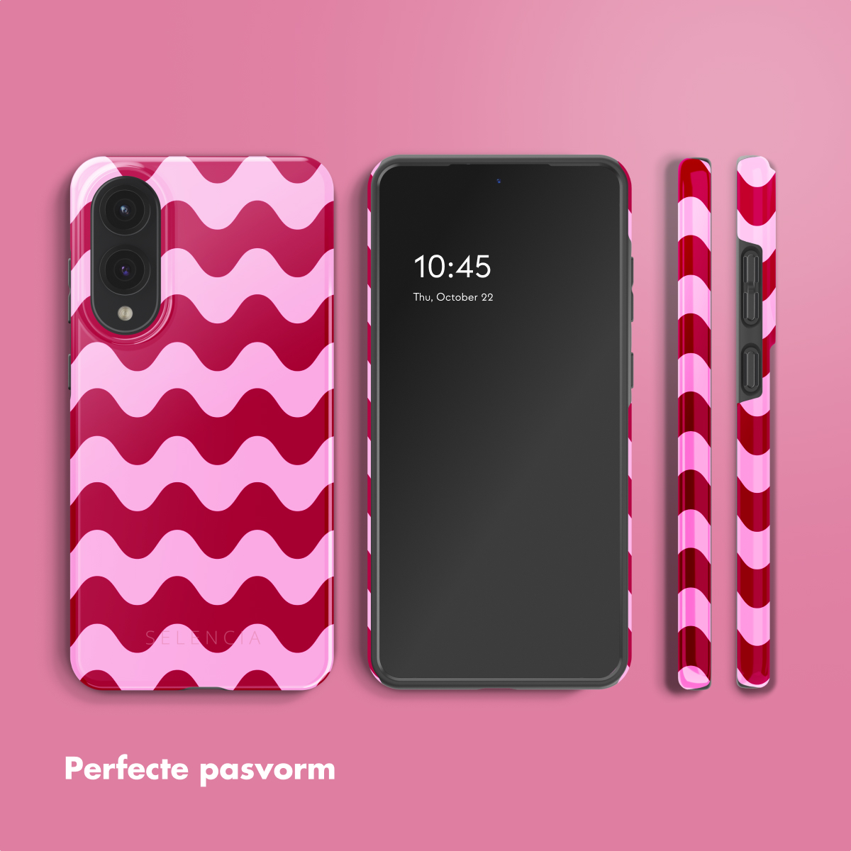 Telefono con custodia rosa e rossa ondulata e due viste laterali. Testo sulla vestibilità perfetta.