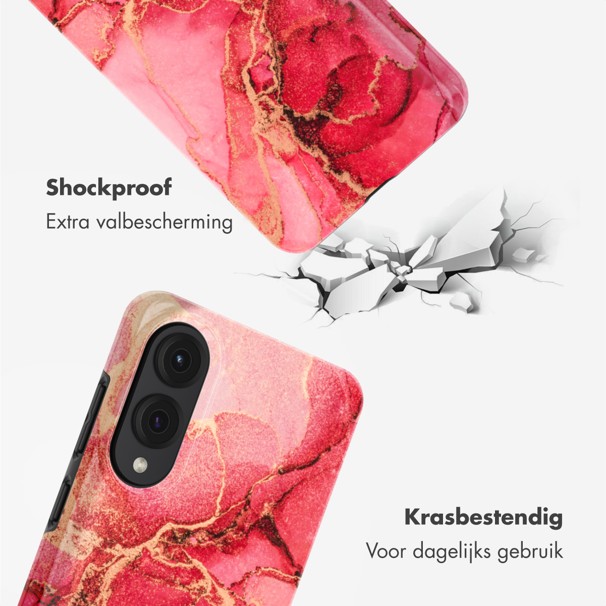 Custodia per telefono con motivo rosso e oro, sfondo incrinato, testo: Antigraffio. Extra valbescherming.