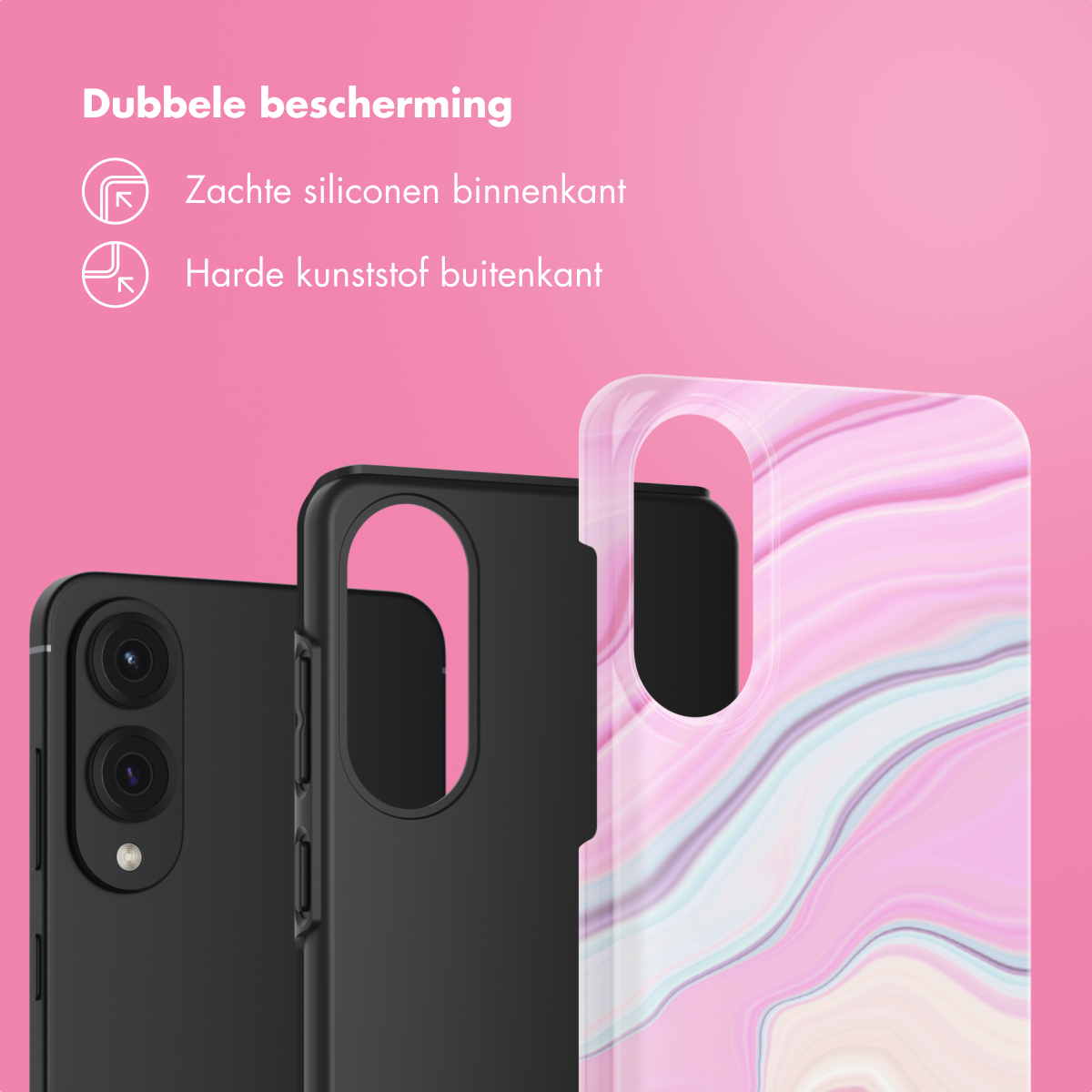 Telefoonhoesjes, zwart en marble effect. Tekst over dubbele bescherming: zachte siliconen binnenkant, hard plastic buitenkant.