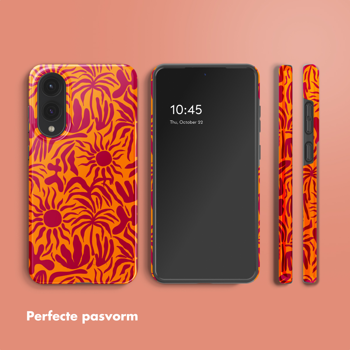 Téléphone avec étui floral orange. Le téléphone affiche 10:45, jeu. 22 octobre. Texte : Ajustement parfait.
