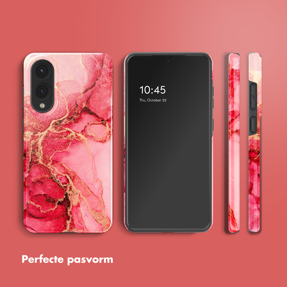 Custodia per telefono con design rosa e oro accanto al telefono che mostra ora e data. Sfondo rosso.
