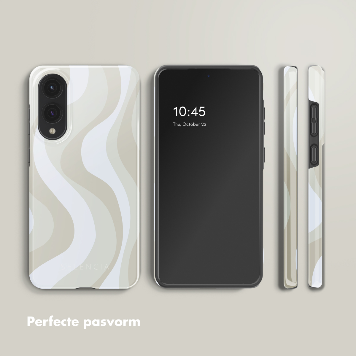 Telefoon met een witte golfhoes. Telefoon geeft 10:45 weer, do, 22 oktober. Tekst: Perfecte pasvorm.