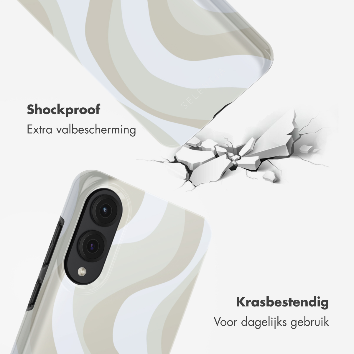 Wit golfpatroon telefoonhoesje, gebarsten achtergrond. Tekst: Schokbestendig, Krasbestendig.