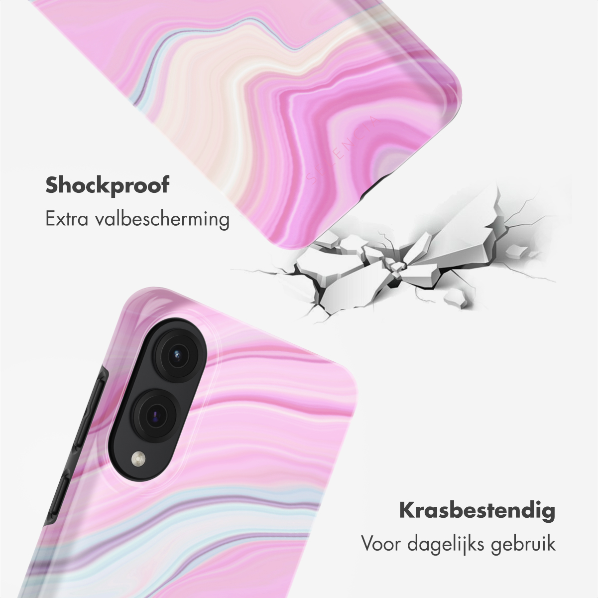 Roze en wit marmerpatroon telefoonhoesje, gebarsten achtergrond. Tekst: Schokbestendig, Krasbestendig.