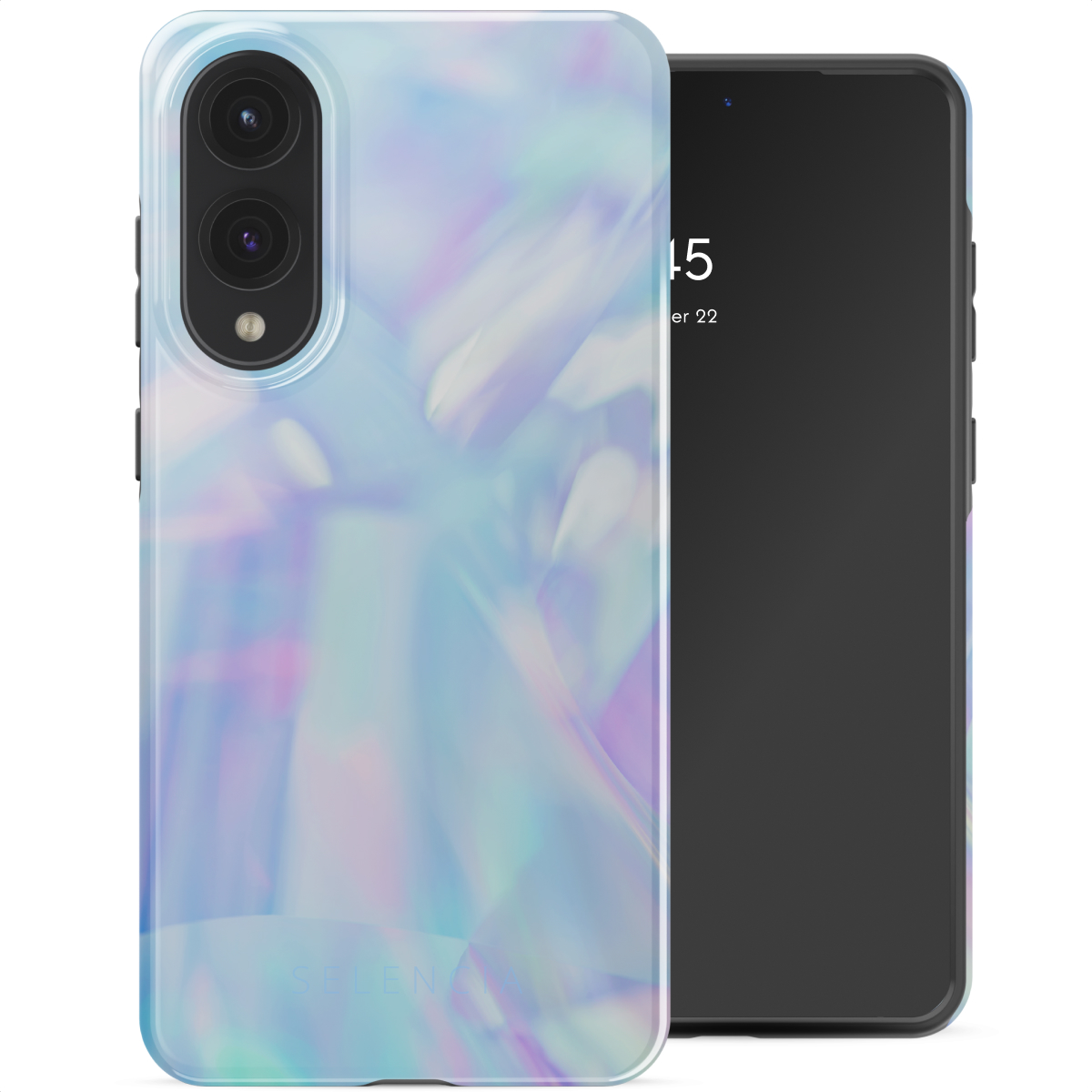 Telefoon met blauw en paars iriserende hoes naast telefoon met zwart scherm. Witte achtergrond.