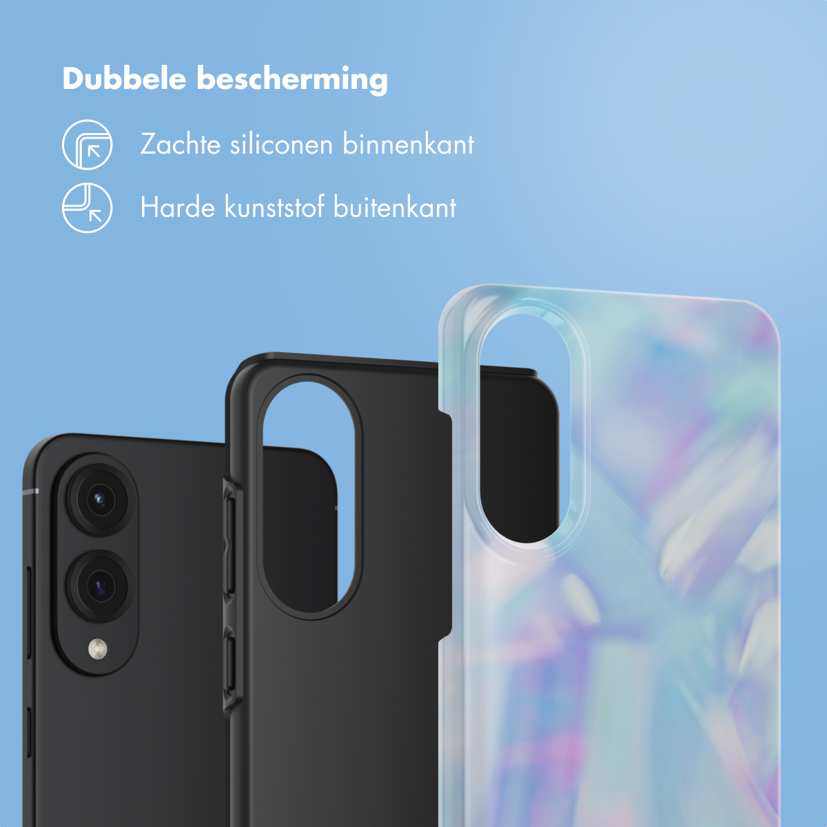 Drie telefoonhoesjes: zwart, zwart en een blauw en paars iriserend. Blauwe achtergrond.