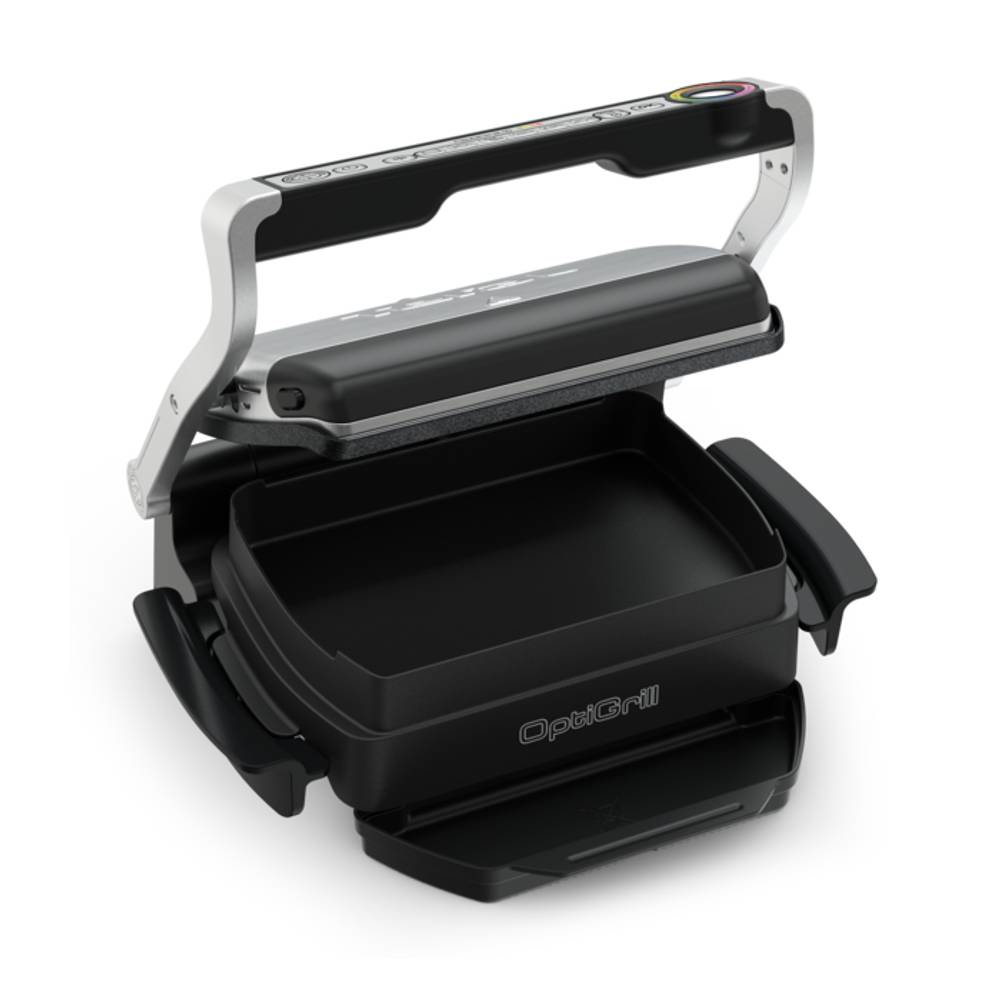 OptiGrill nero e argento. La griglia è aperta, mostrando la superficie di cottura interna e un vassoio.