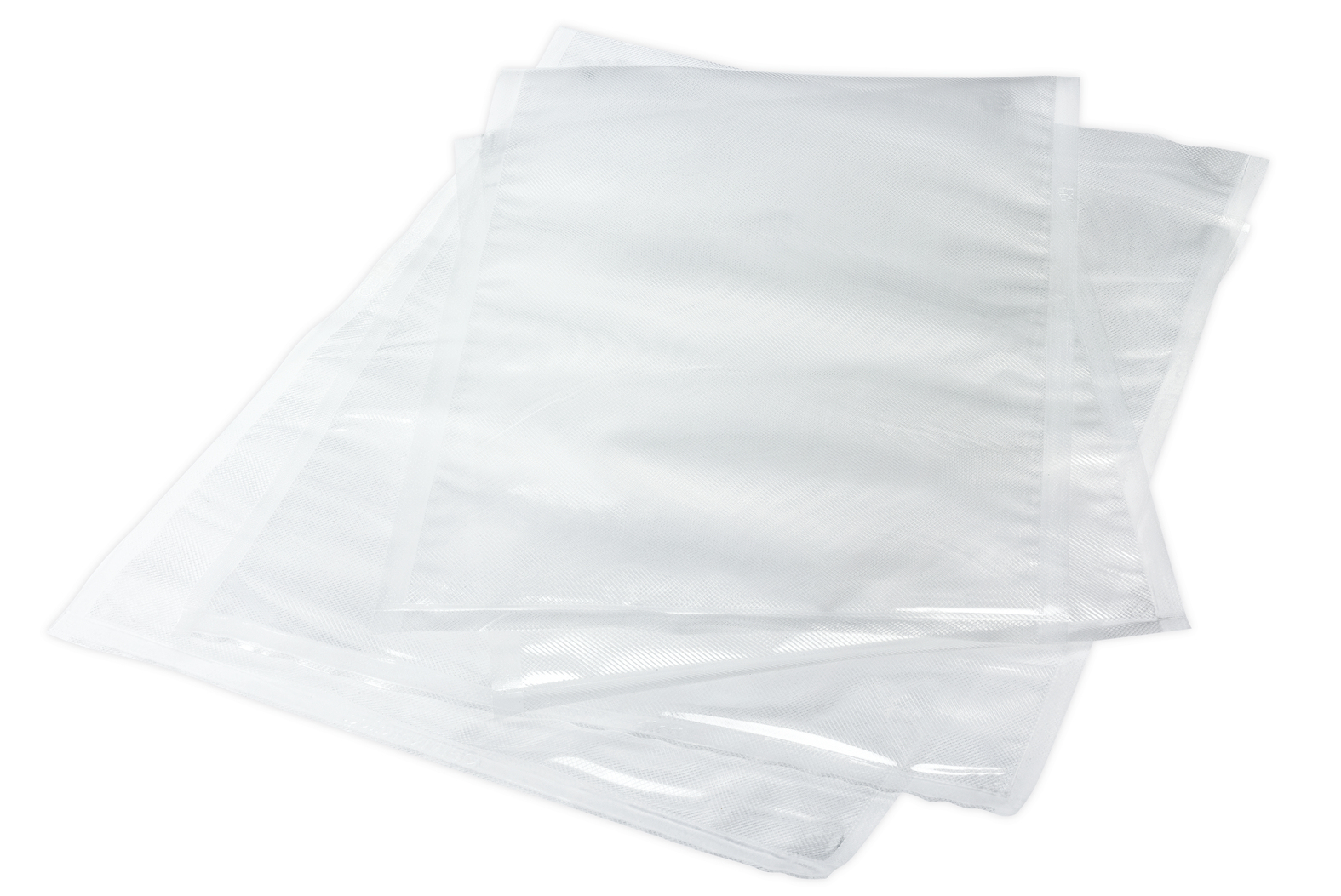 Trzy przezroczyste worki do zgrzewania próżniowego. Białe tło.