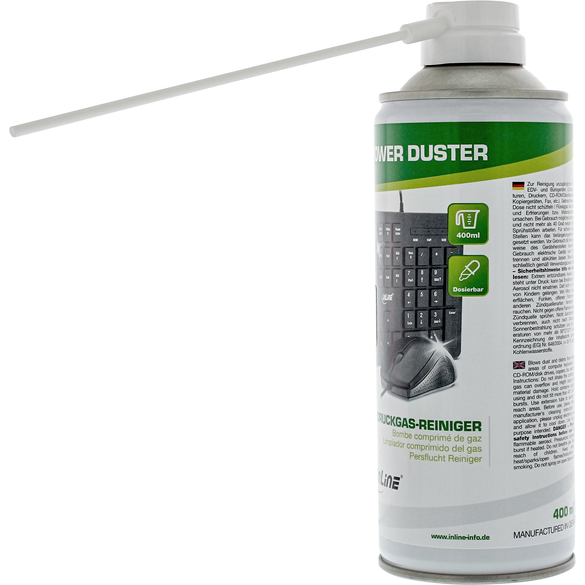 Eine Dose Power Duster neben einer Tastatur und Maus, Text in mehreren Sprachen.