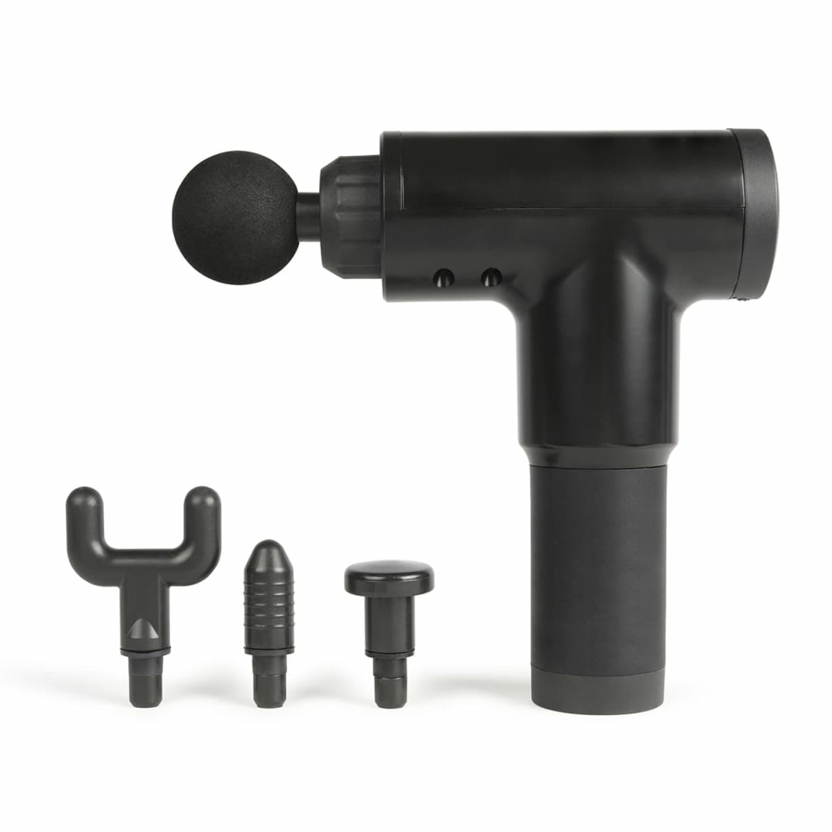 Czarny pistolet do masażu z trzema wymiennymi głowicami. Białe tło.