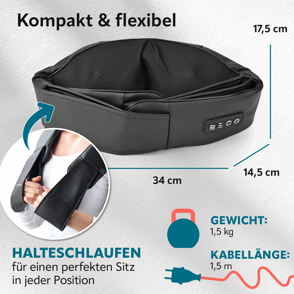 Nackenmassagegerät mit Maßen und Text auf Deutsch, zeigt die Abmessungen.