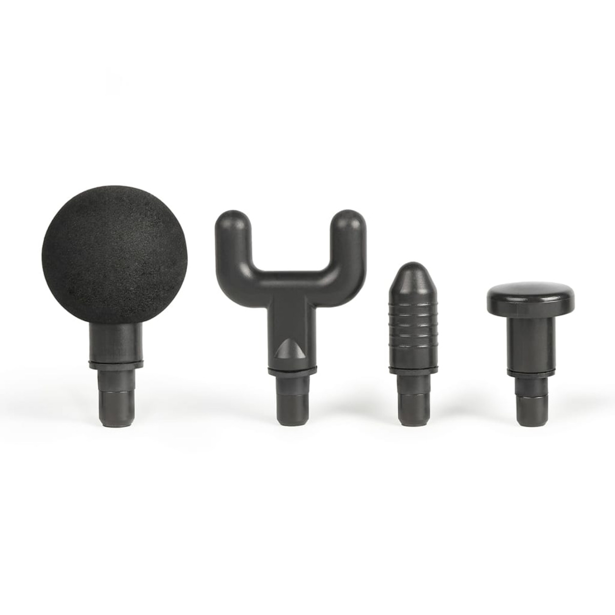 Cztery czarne nasadki do pistoletu do masażu. Obejmują kulkę, widełki, pocisk i płaską nasadkę.