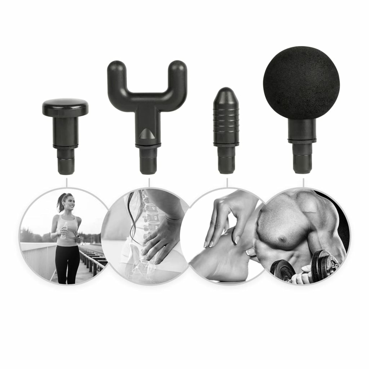 Nasadki do czarnego pistoletu do masażu i ilustracje scenariuszy użycia.