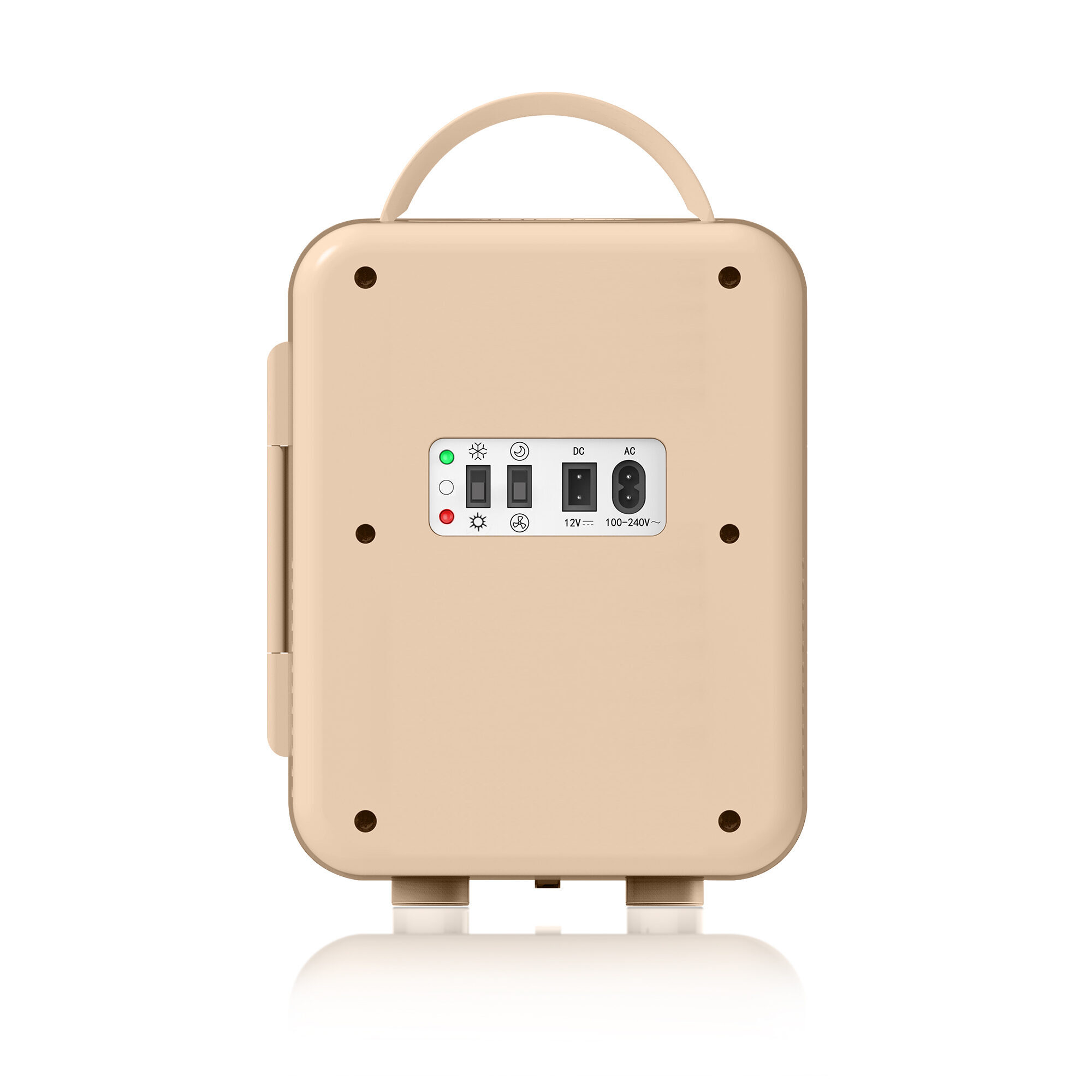 Dispositivo portatile beige. Ha una maniglia sopra, pulsanti e porte davanti e una base riflettente.