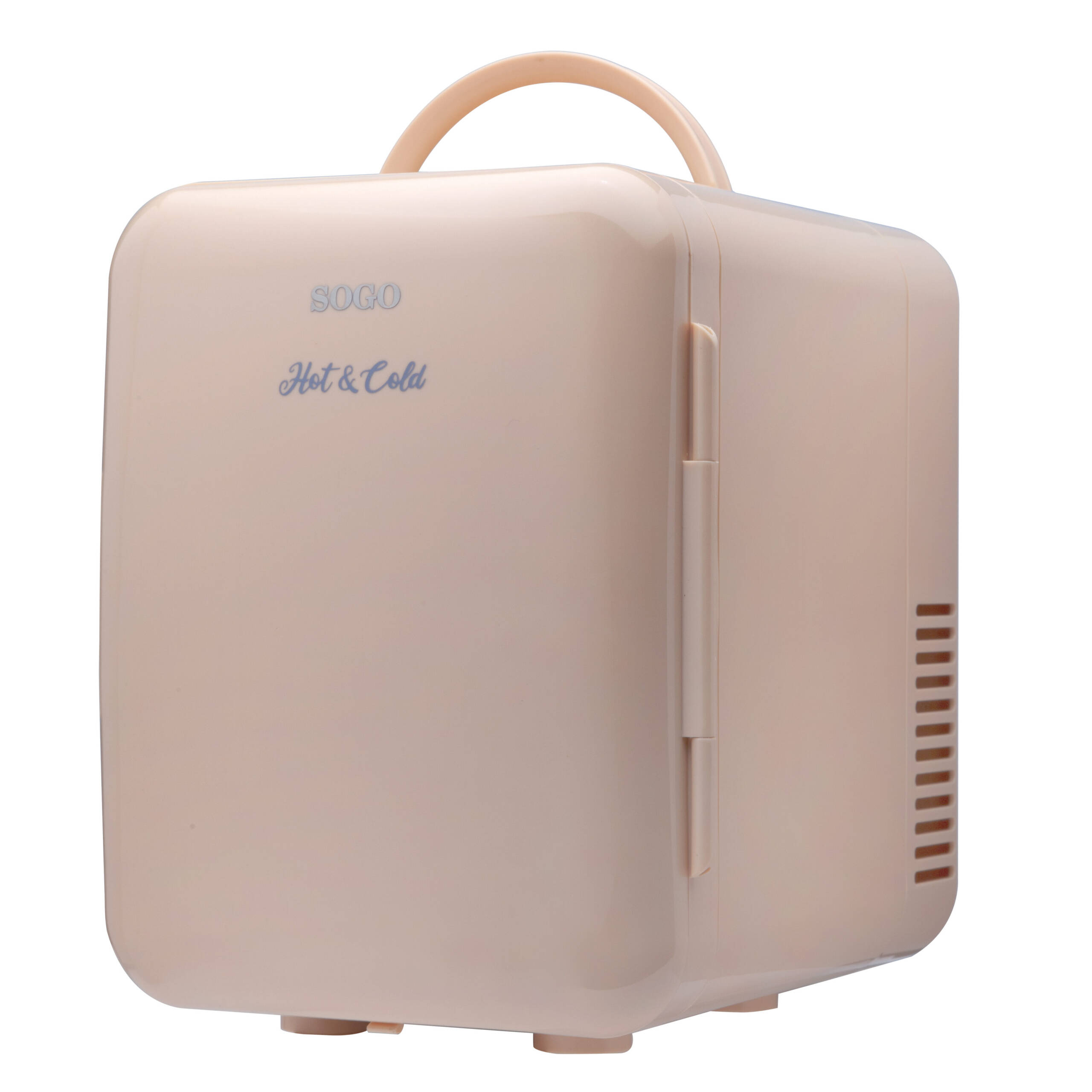 Un mini-frigo beige con maniglia e le parole 'SOGO Hot & Cold' sulla parte anteriore.