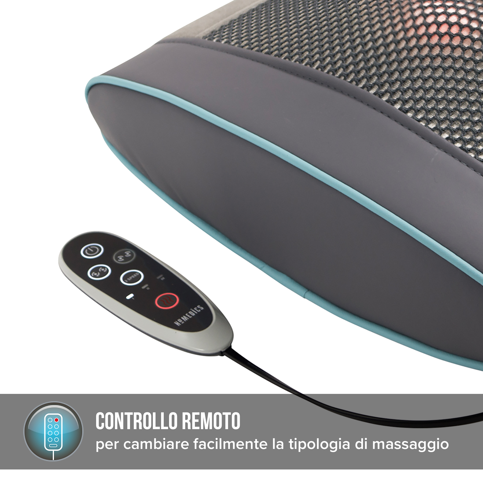 Massagekissen mit Fernbedienung. Der Text ist auf Italienisch.